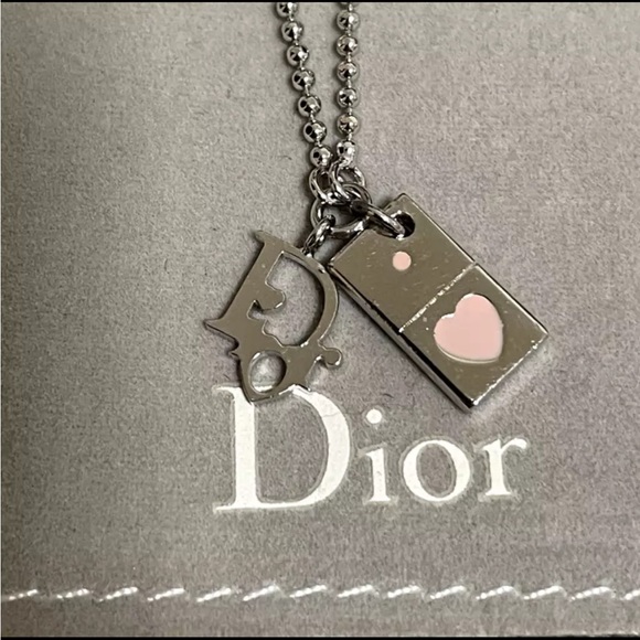 CHRISTIAN DIOR Bracelet Oblique Domino Logo Double Charm Silver Pink + Pouch Bag - Picture 1 of 8